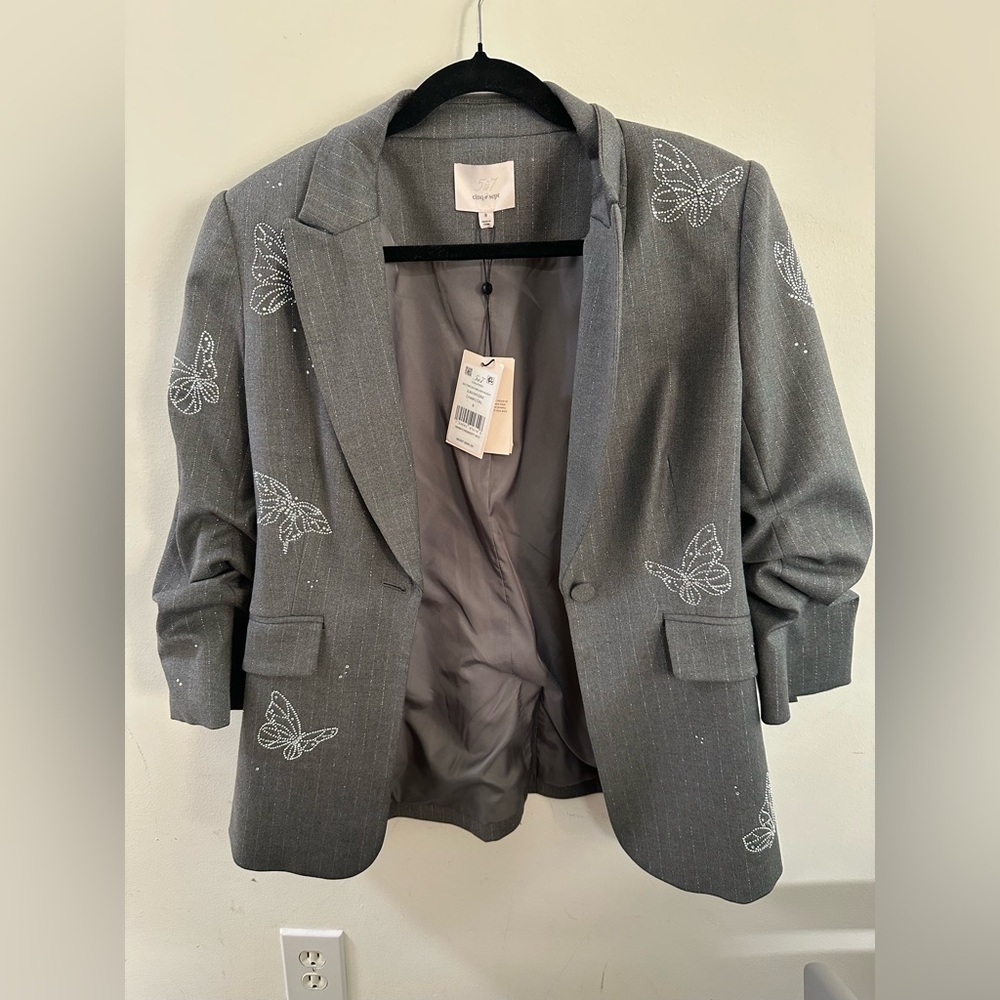 Cinq à Sept Gray Blazer with Butterfly Embellishments